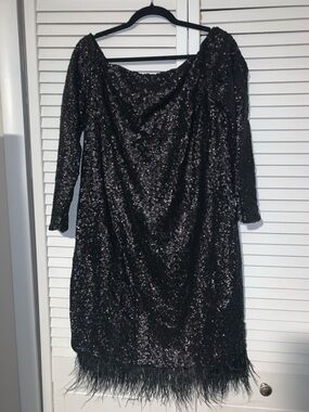 Eloquii Plus Size Women’s Off The Shoulder Sequin Feather Hem Sheath Dress